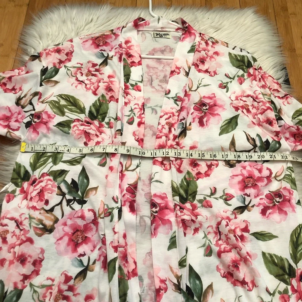 Show Me Your Mumu Pink Roses Floral Prints White Open Front Robe Lounge Wear OS